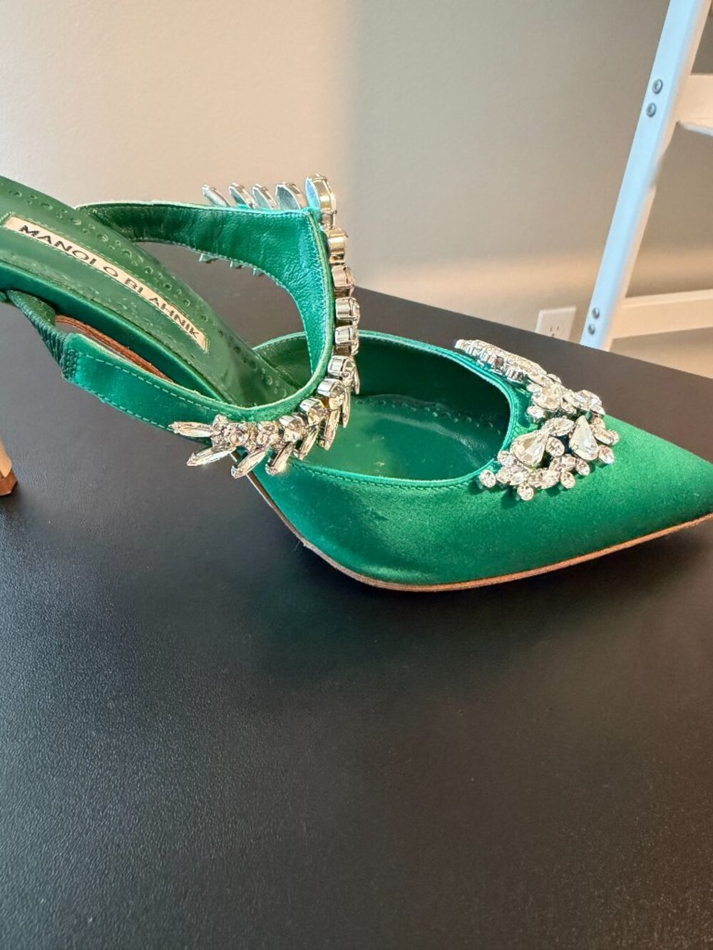 Manolo Blahnik Lurum Green Crystal Embellished 90 mm Satin Mules - Picture 4 of 7